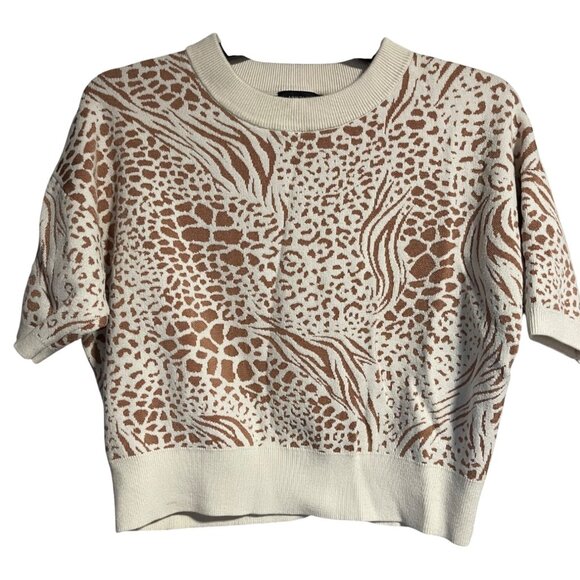Ann Taylor Tops - Ann Taylor Knit Cropped Sweater Womens L Animal Print Cream & Brown Short Sleeve